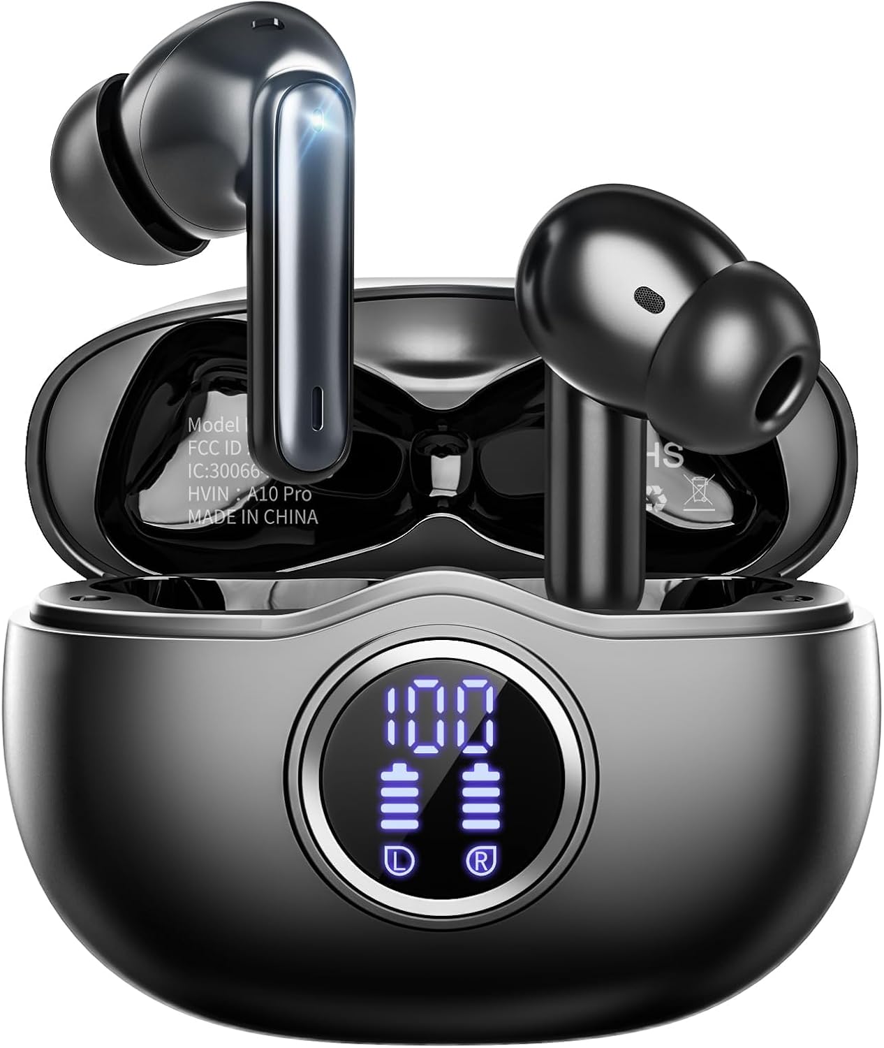 Wireless Earbuds, Bluetooth 5.3 Headphones HiFi Stereo 50H Playback LED Digital Display Ear Buds with ENC Noise Canceling Headset, IPX7 Waterproof Earphones for Gym/Running/Work(Black)