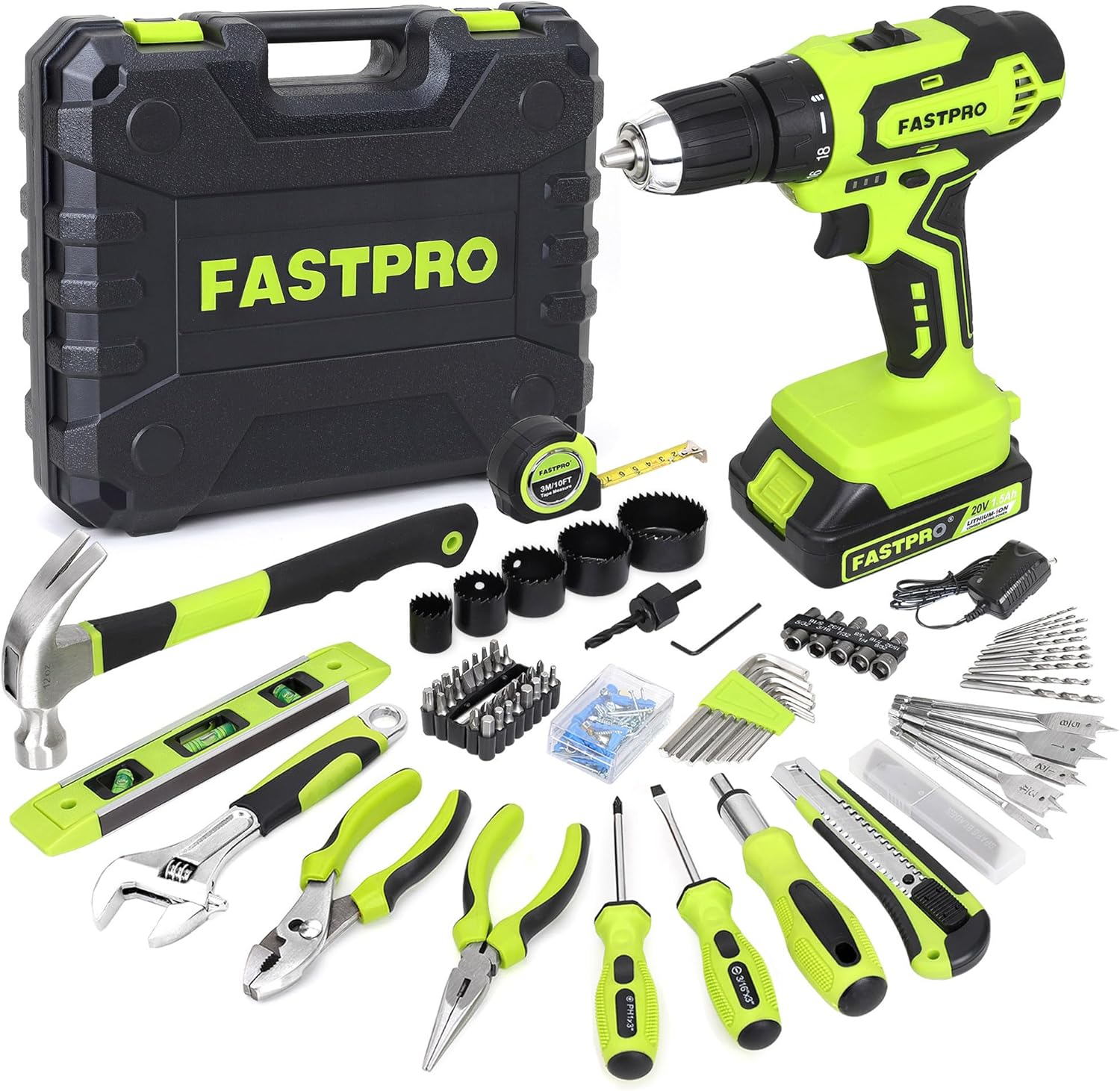 FASTPRO 20V Drill Set, Home Tool Kit with Tool Box,Green | 20V Cordless Drill, Tool Set with Drill, Essential Repairing Kit for Home Repair & DIY, Holiday Gift, 177-Piece